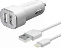 Автомобильное зарядное устройство Deppa для Apple 2 USB 2.4А + кабель Lightning MFI White (11291)