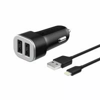 Автомобильное зарядное устройство Deppa 2 USB (2.4А) с кабелем 8-pin для Apple, MFI, черный
