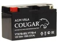 Аккумулятор для мотоцикла и скутера Cougar AGM VRLA 12V 8 А/ч 130 А прям. пол. залитый YT7B-BS, YT7B-4 (150х65х94)