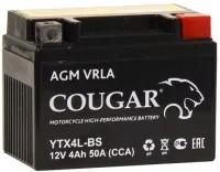 Аккумулятор для мотоцикла и скутера Cougar AGM VRLA 12V 4 А/ч 50 А обр. пол. залитый YTX4L-BS (113х70х85) YB4L-B