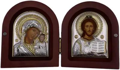 Икона Божьей Матери Казанская и Спаситель, диптих, деревянная основа, шелкография, «золотой» декор