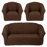 Комплект чехлов на диван и 2 кресла без юбки, цвет Темно-Коричневый (Жатка)